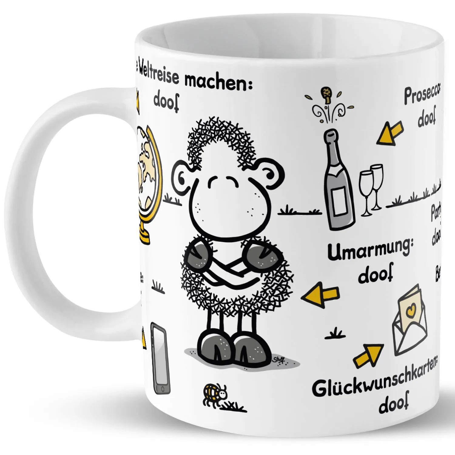Weiße Porzellan-Tasse mit schwarzem Schäfchen-Doodle und humorvollen Sprüchen
