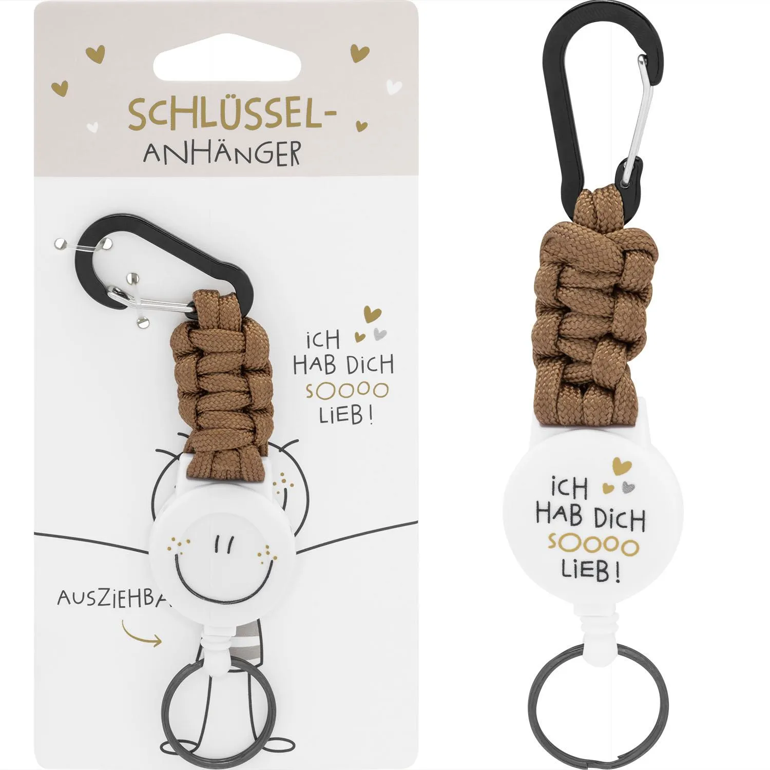 Brauner geflochtener Schlüsselanhänger mit weißem runden Motivteil und Karabiner
