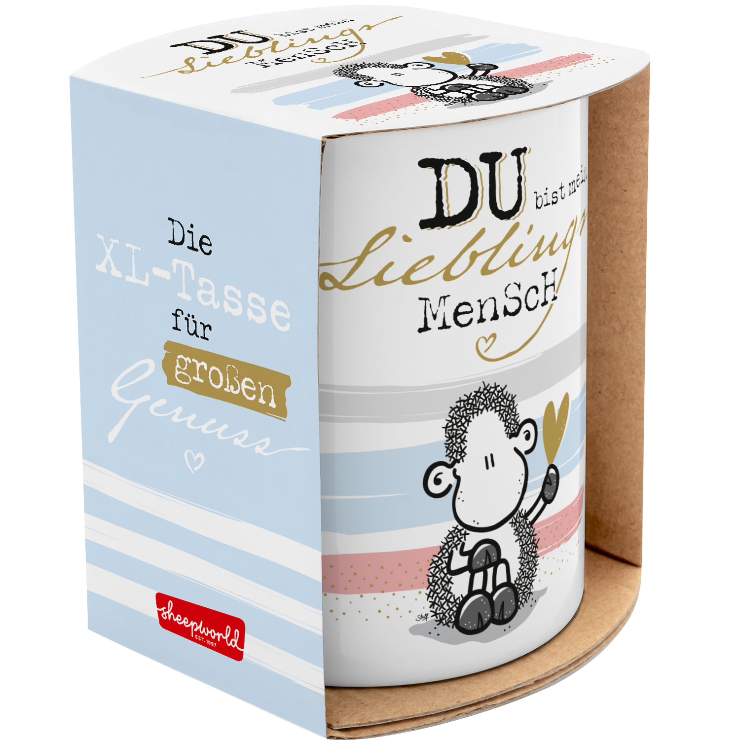 XL-Porzellantasse mit Schaf-Motiv, Pastellfarben und Golddruck