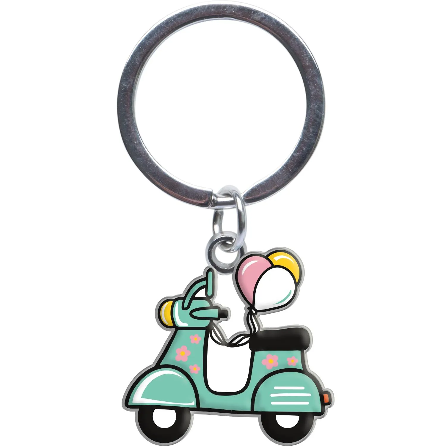 Mintgrüner Vespa-Schlüsselanhänger mit bunten Ballons, Metall/Epoxid, 2,5 cm Durchmesser.