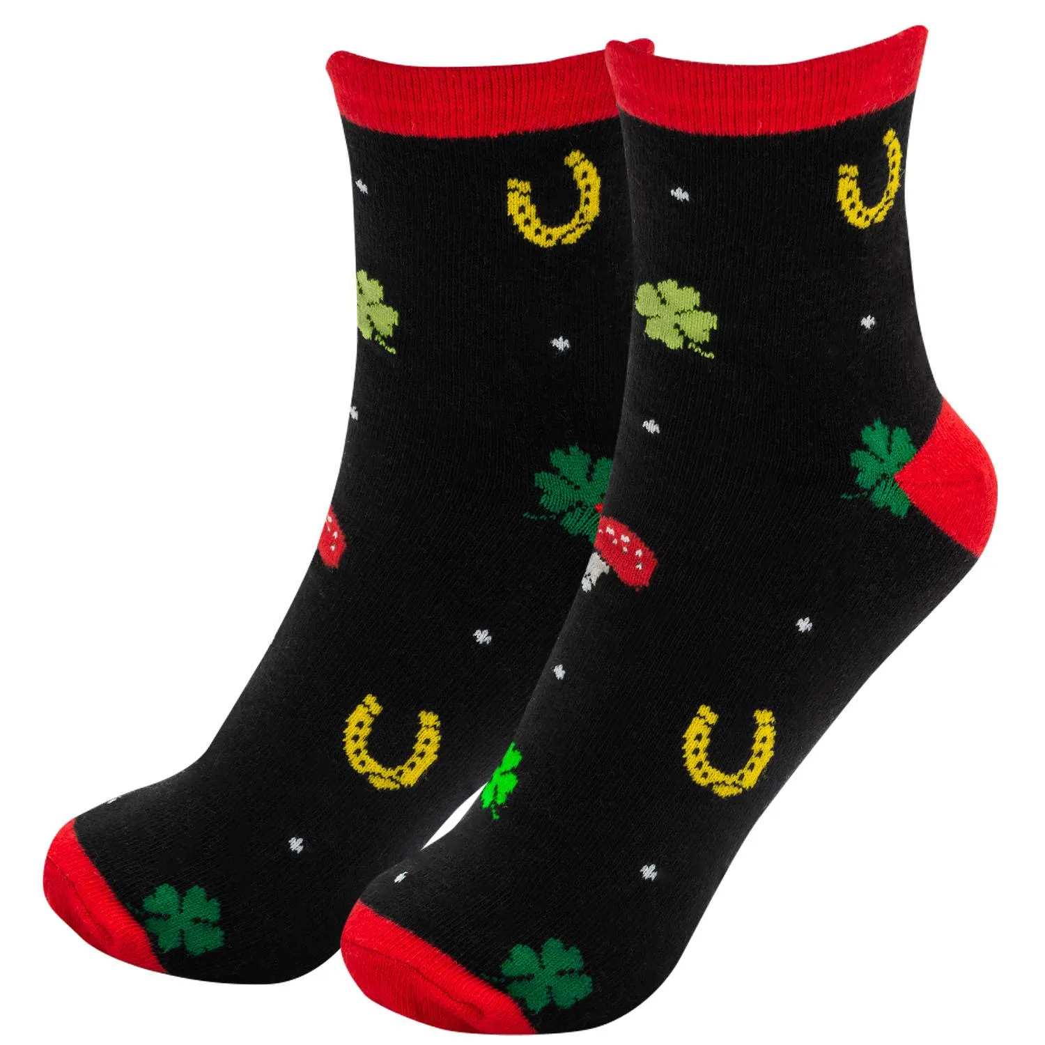 Schwarze Zaubersocken mit Kleeblättern und Hufeisen, rote Bündchen und Spitzen.
