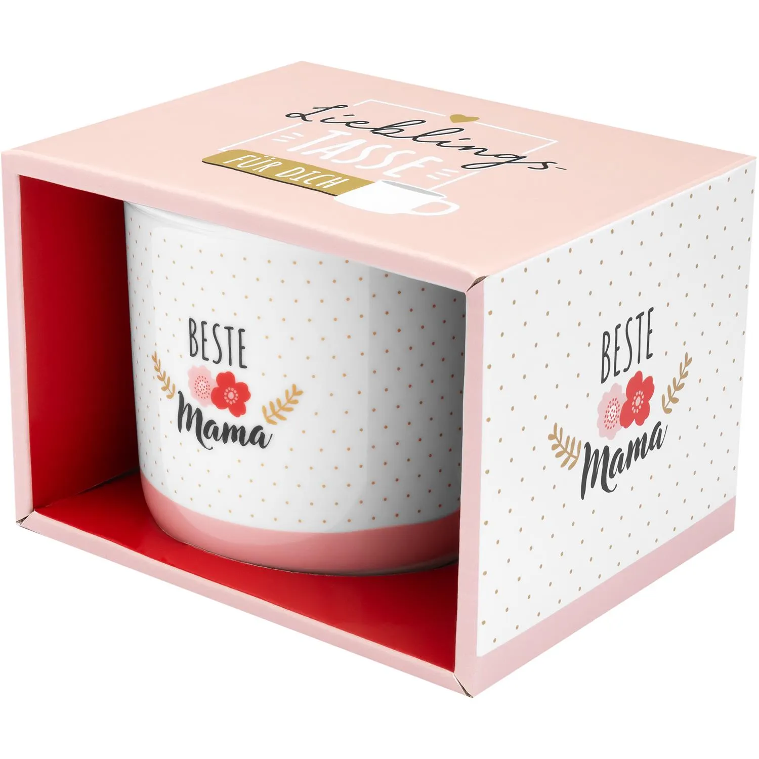 Weißer Porzellan-Becher mit 'Beste Mama' und Blumenmotive in Geschenkbox