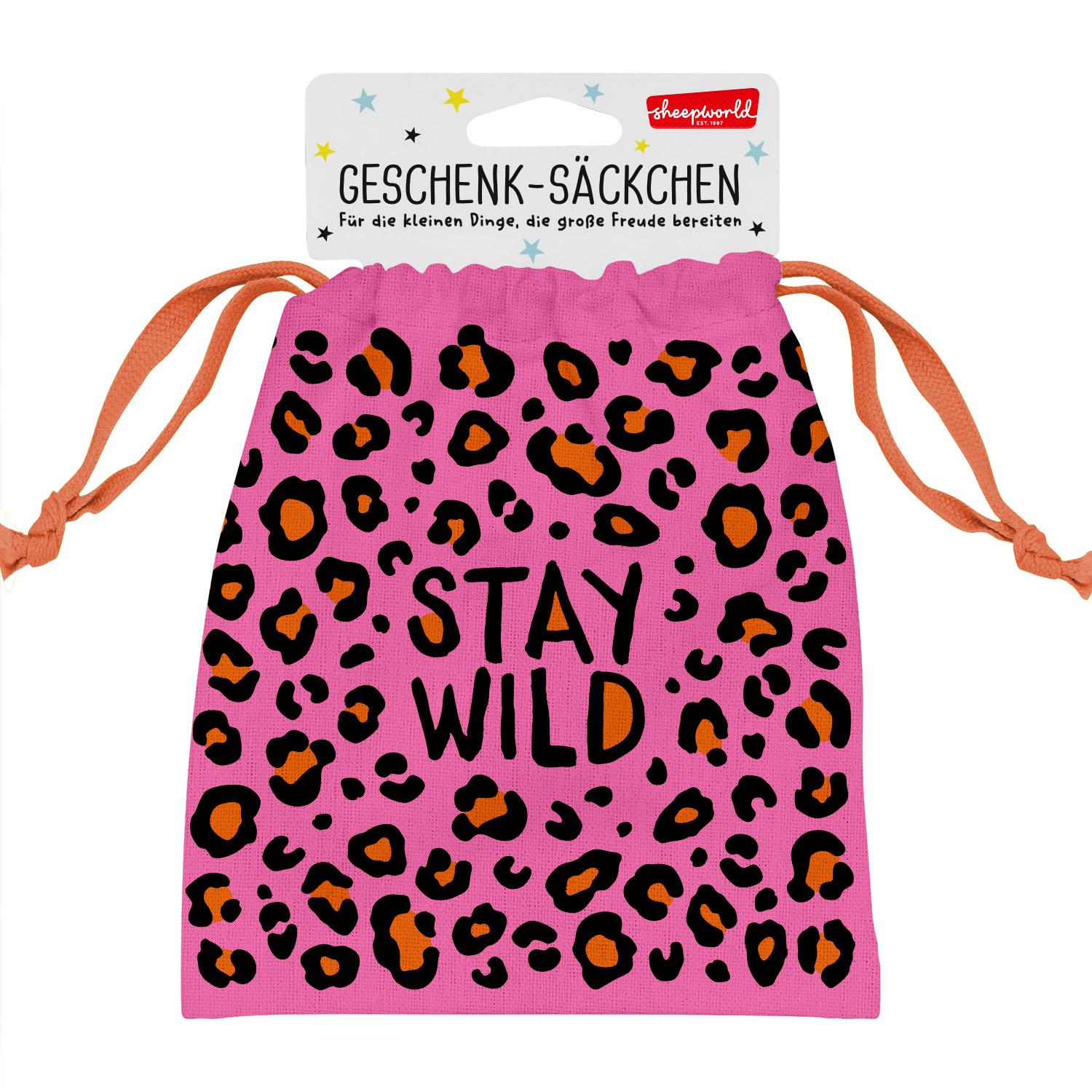 Rosa Geschenksäckchen Stay Wild mit Leopardenmuster aus Canvas/Baumwolle, Zugband