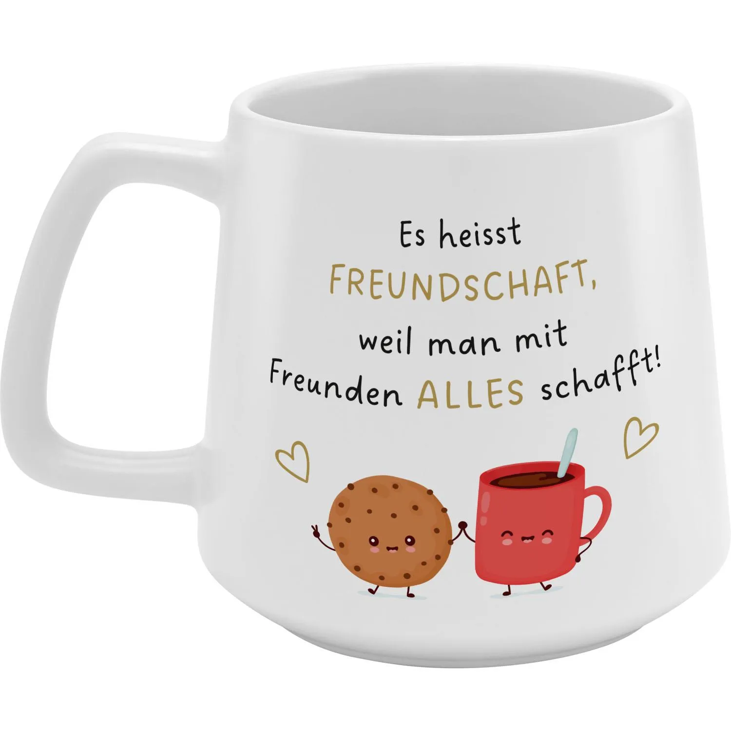 Weiße konische Steinzeug-Tasse mit Keks- und Tassen-Motiv sowie Freundschaft-Spruch