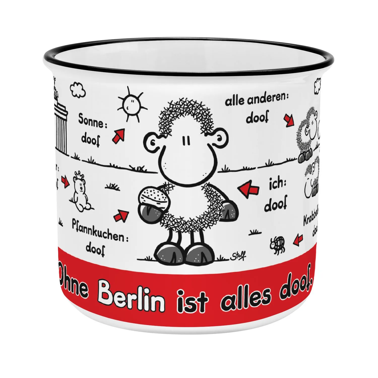 Weiße Porzellan-Tasse mit schwarzem Rand und roter Band unten; zentrales Schaf-Motiv mit dem Spruch Ohne Berlin ist alles doof.