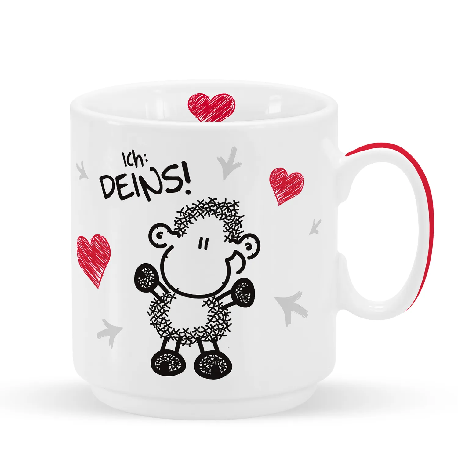 Weiße Keramiktasse mit schwarzem Schafmotiv und roten Herzen