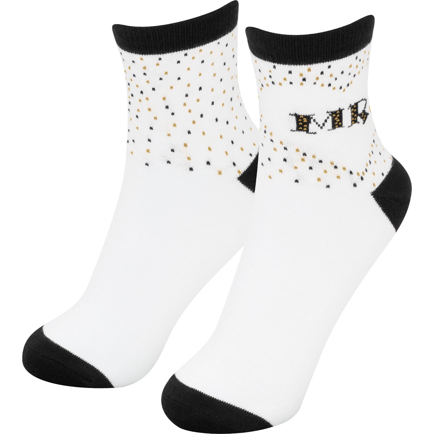 Weiße Socken mit schwarzen Zehen/Fersen und goldenen Punkten