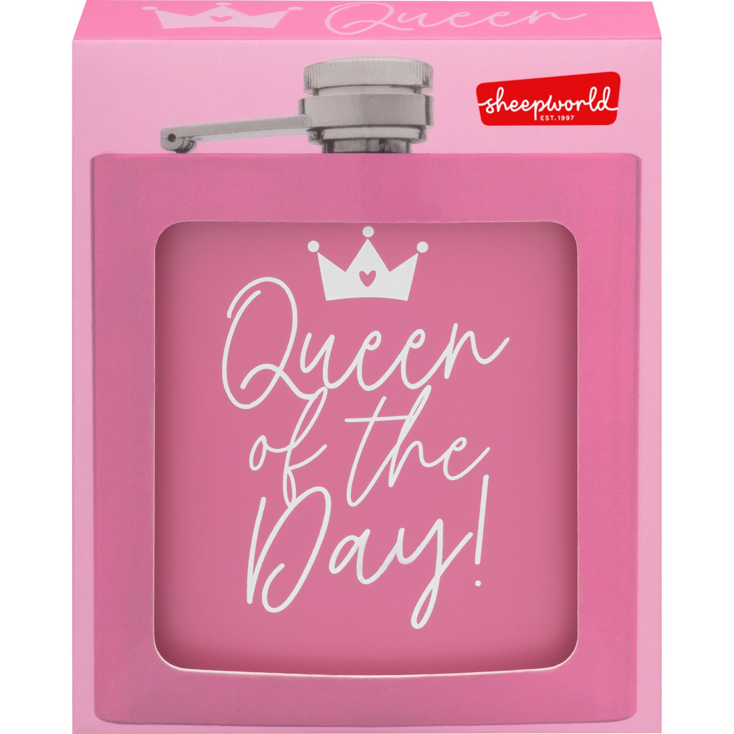 Rosa Flachmann mit Queen of the Day-Schriftzug in pinker Geschenkverpackung