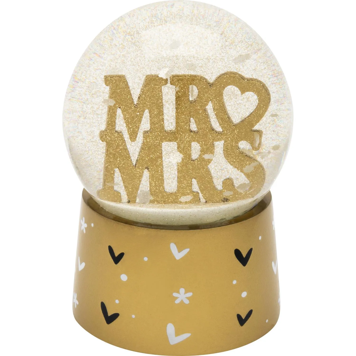 Glas-Schneekugel mit goldener Basis und MR & MRS-Schrift, Herz-Motive – Hochzeitsgeschenk