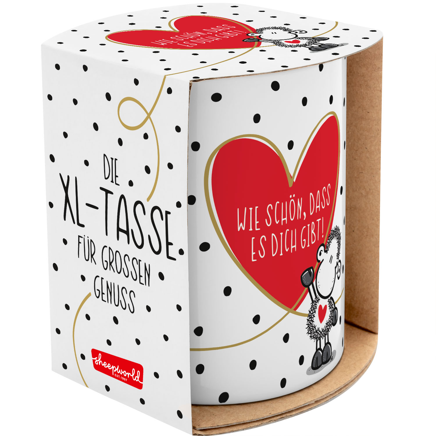 XL-Tasse aus Porzellan mit rotem Herz und Botschaft Wie schön, dass es dich gibt