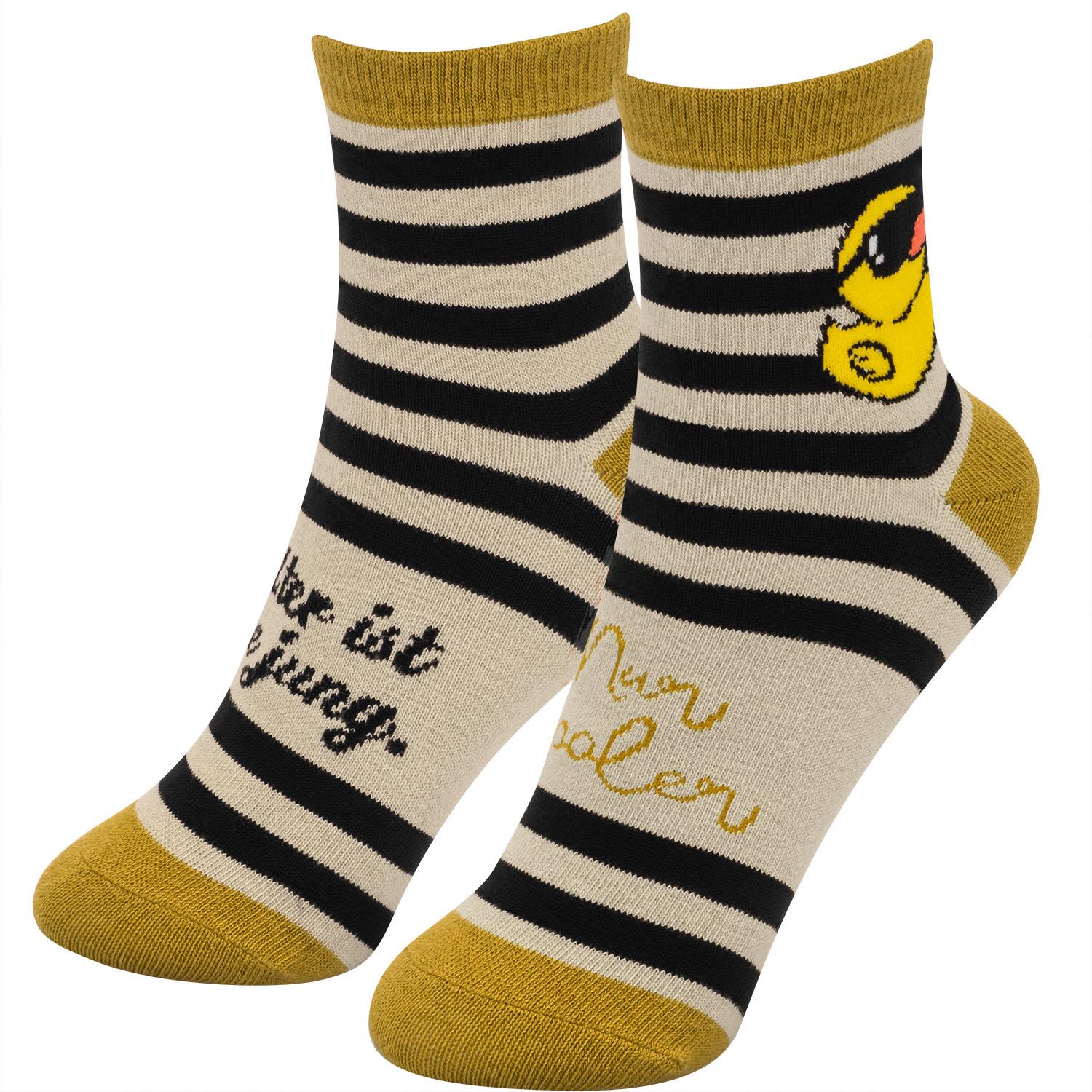 Socken mit creme-beigen und schwarzen Streifen, gelbem Rand und Enten-Motiv