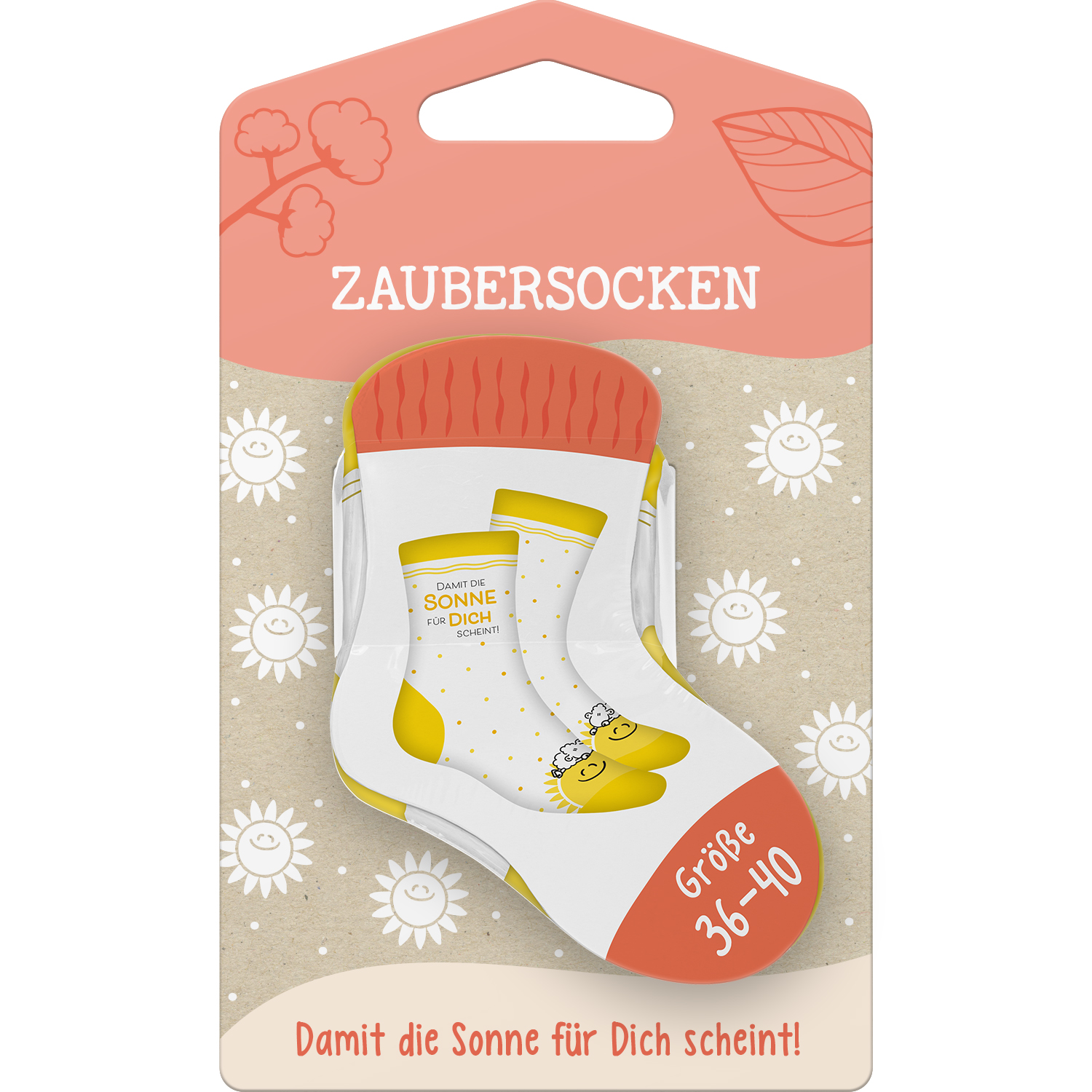Zaubersocken 36-40, weiße Socken mit gelben Akzenten, sonniges Blumenmuster auf Verpackung