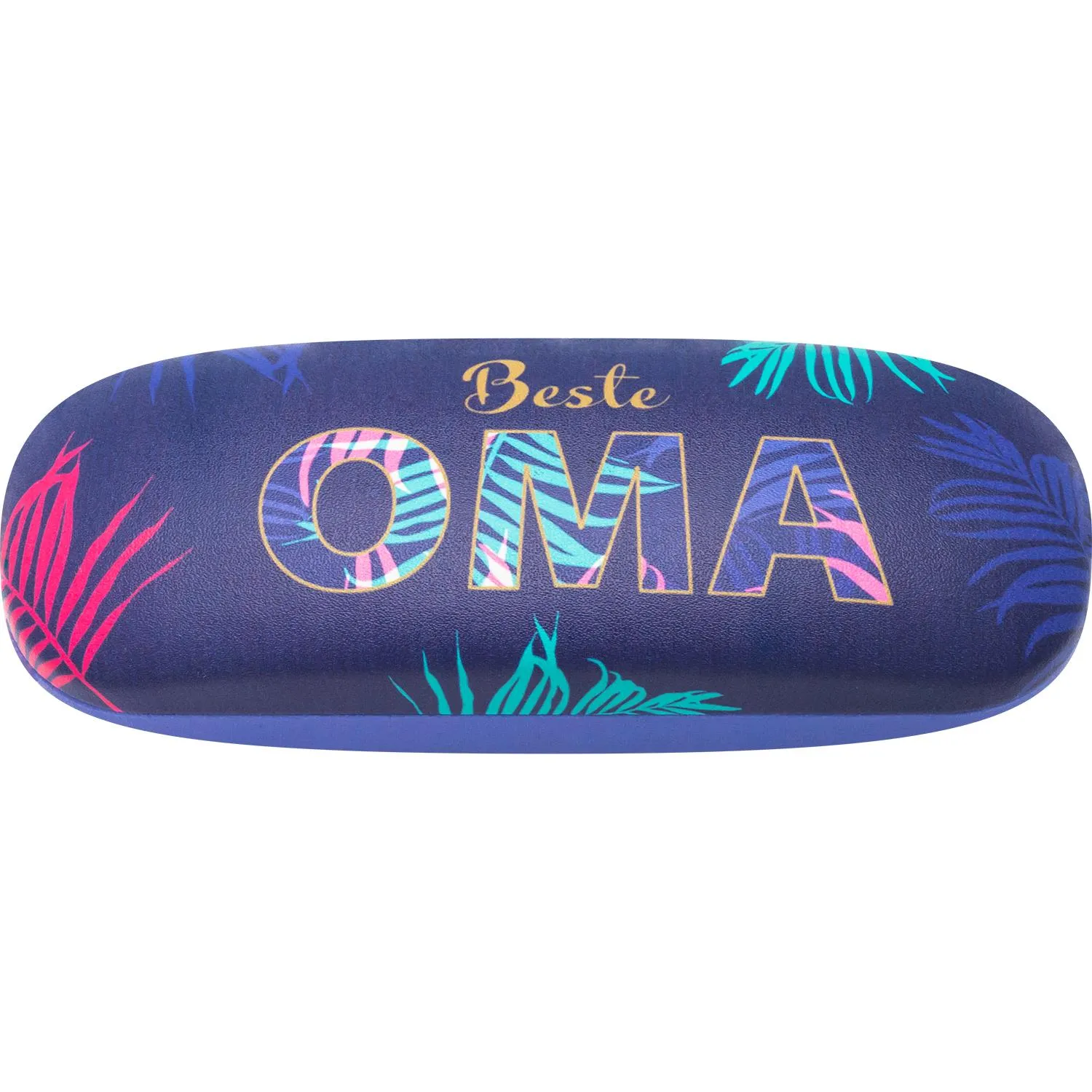 Violettes Brillenetui mit goldener Oma-Schrift und tropischem Muster