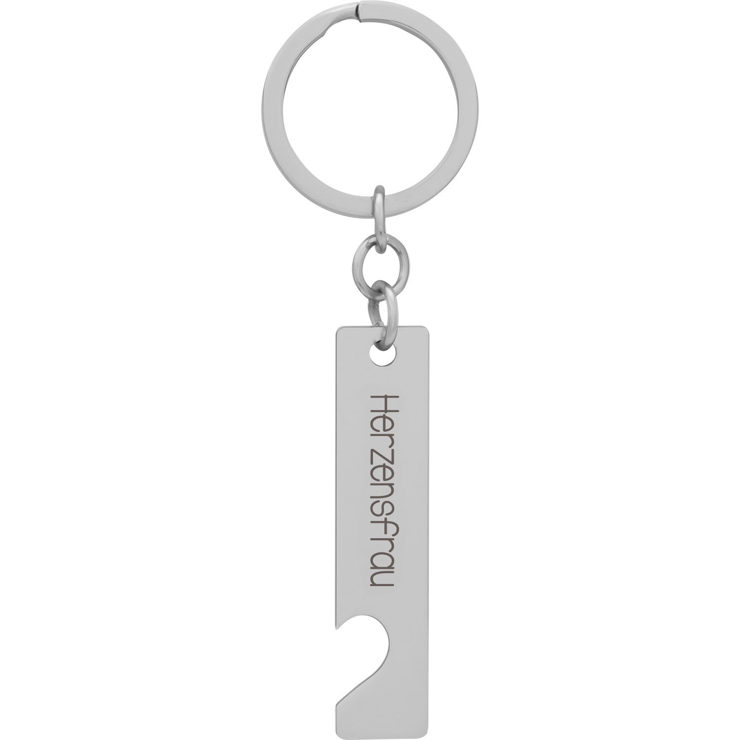 Silberner Schlüsselanhänger mit Schriftzug Herzensfrau und Flaschenöffner