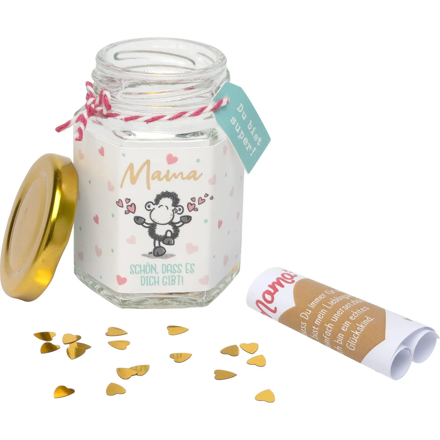 Glas mit Schäfchen-Motiv, Pastellherzen und goldenen Glitzer-Herzen, Muttertags-Geschenk
