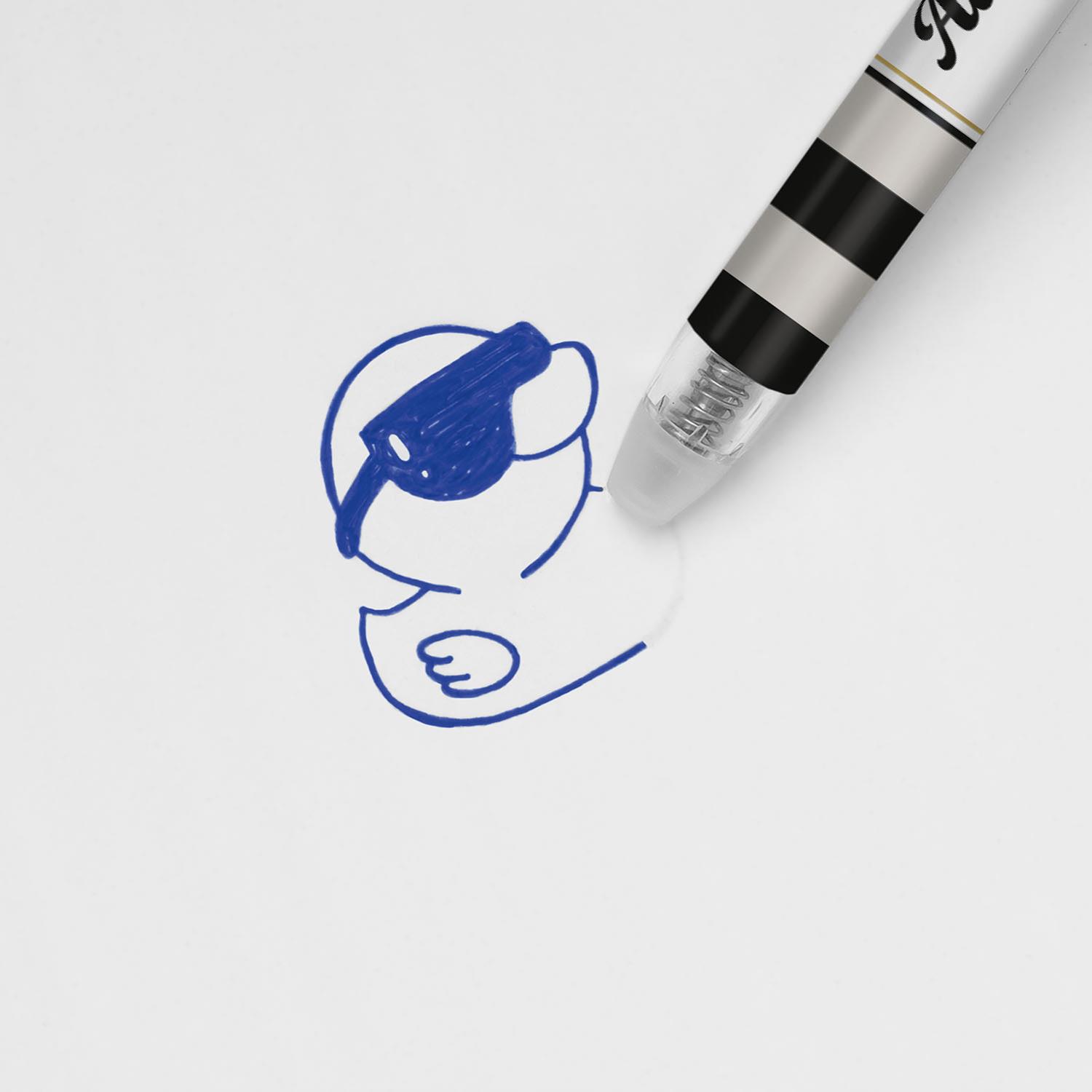 Blauer radierbarer Gelstift Ente auf weißem Papier