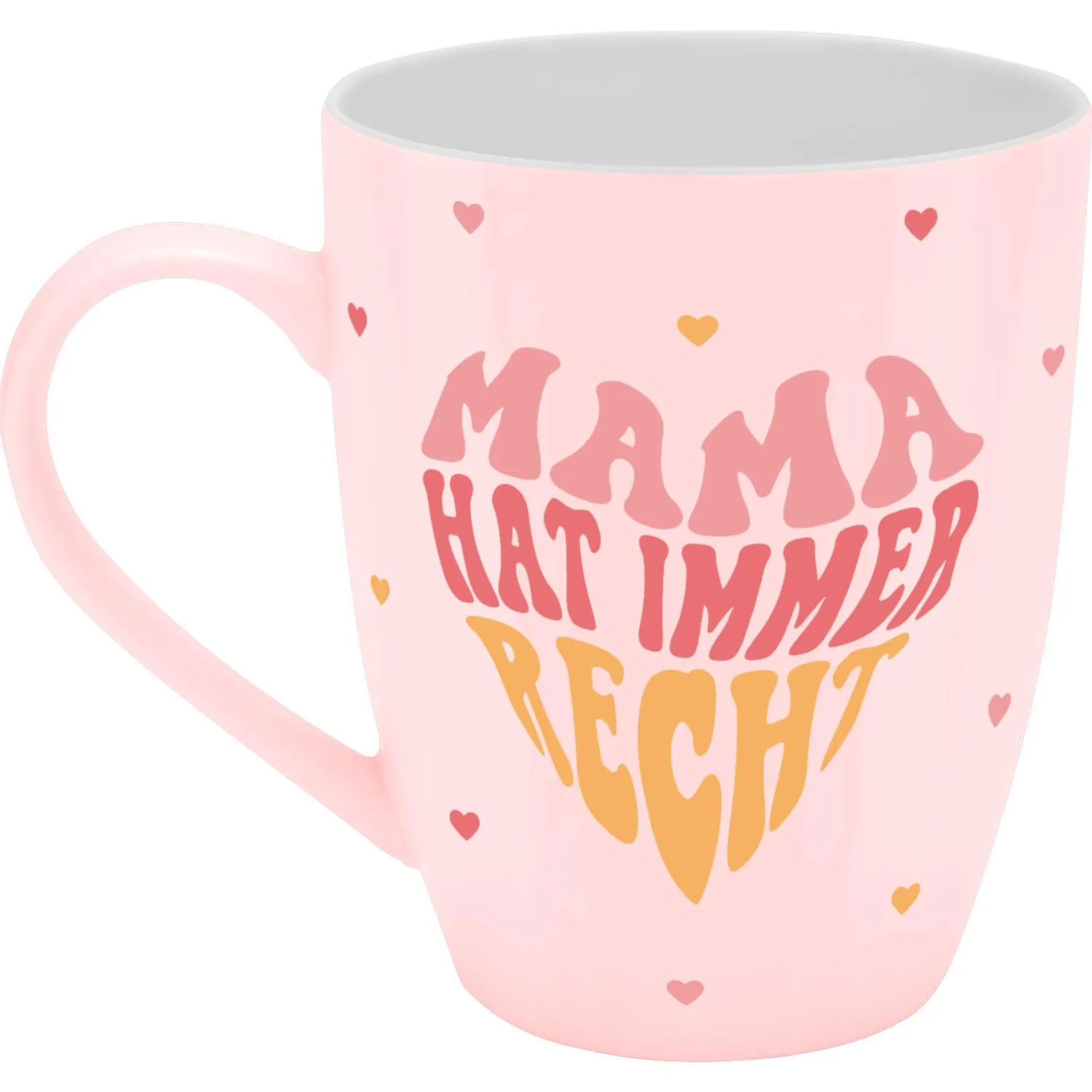 Becher in Pastellrosa mit Spruch 'Mama hat immer Recht' und Herzen