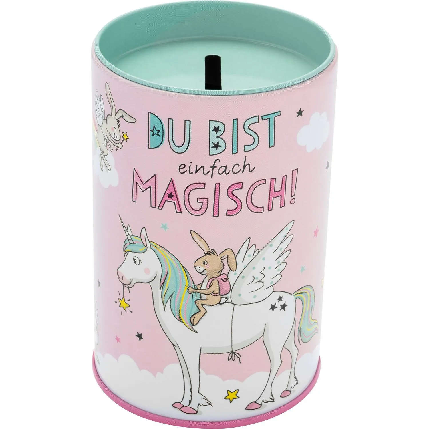 Rosa Metall-Spardose »Einhorn« mit Mint-Deckel und flügelndem Motiv - magisch sparen.