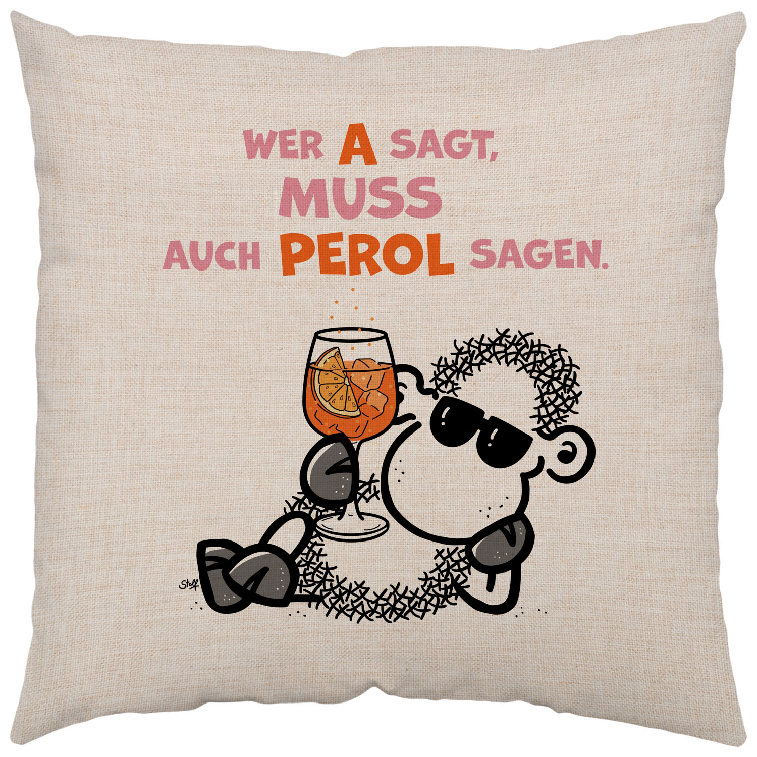Canvas-Kissen mit Schäfchen-Spruch und Getränkeglas, 40x40 cm, waschbar.