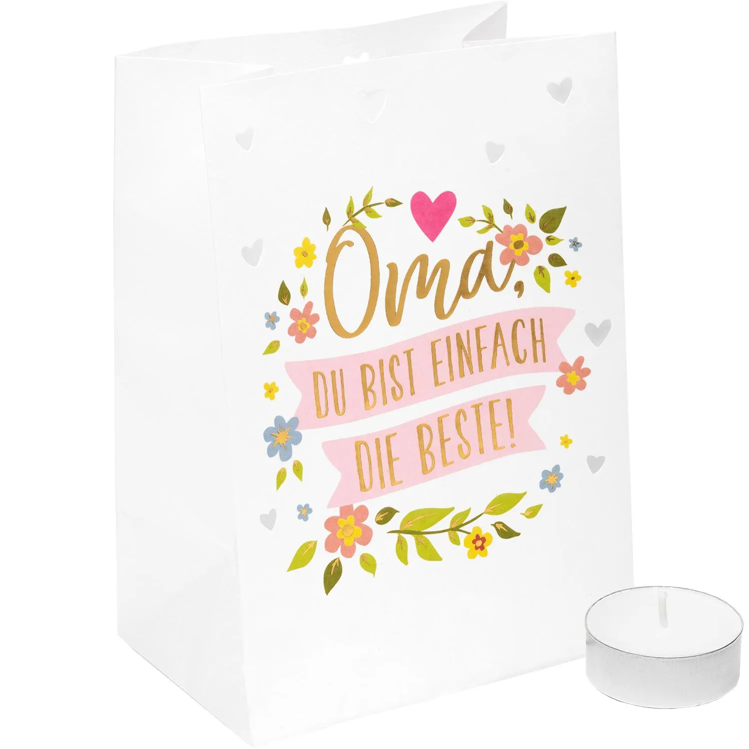 Weiße Lichttüte mit floralem Druck und Spruch Oma, du bist einfach die Beste, inklusive Teelicht.