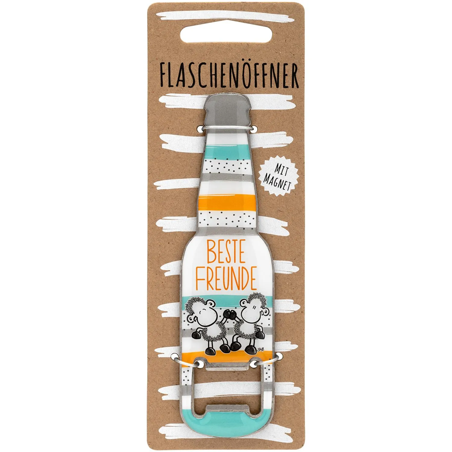 Flaschenöffner Beste Freunde aus Edelstahl mit Schaf-Motiv und magnetischer Rückseite, 13 cm lang.