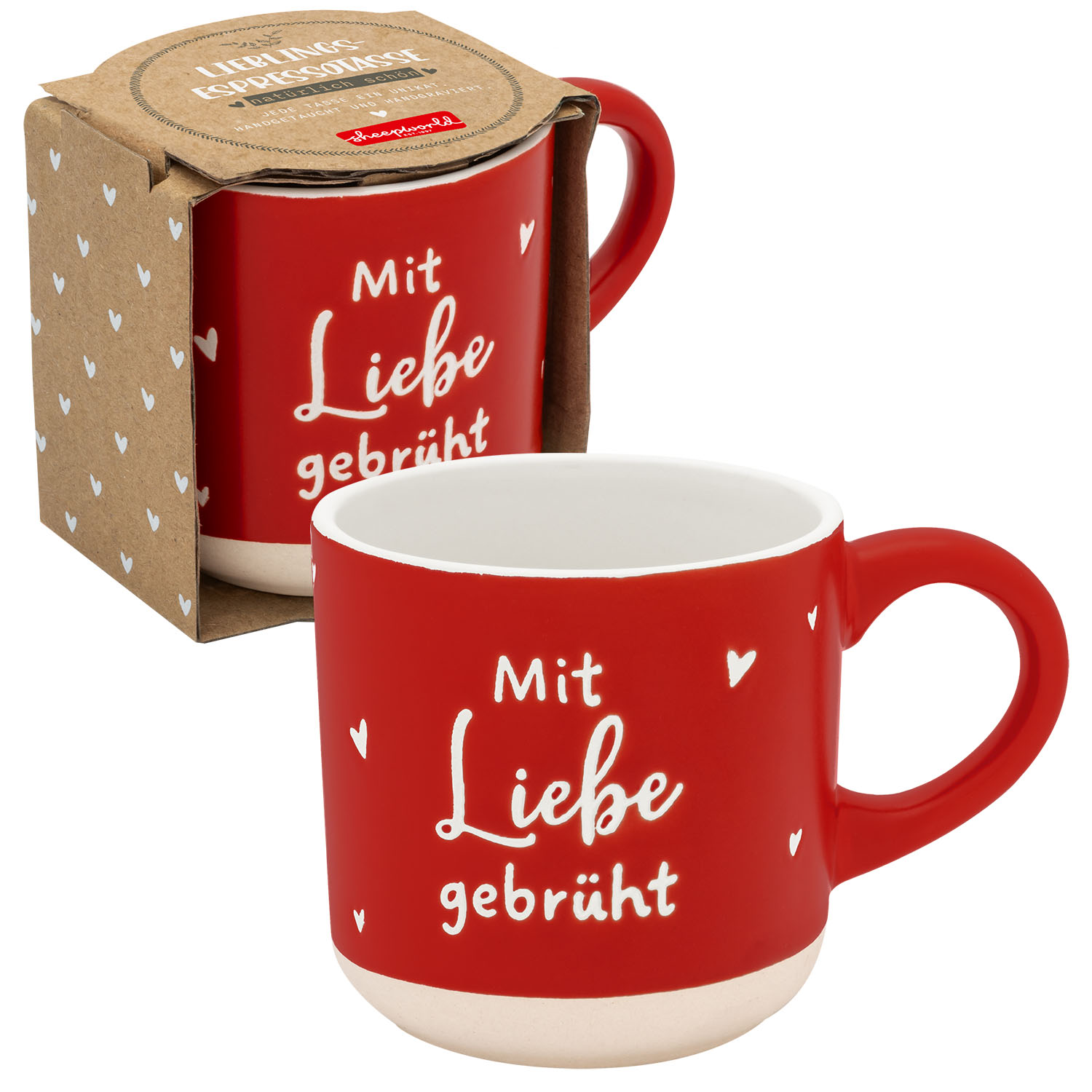 Rote Espressotasse aus Steinzeug mit weißem Schriftzug und Herzchen-Motiv
