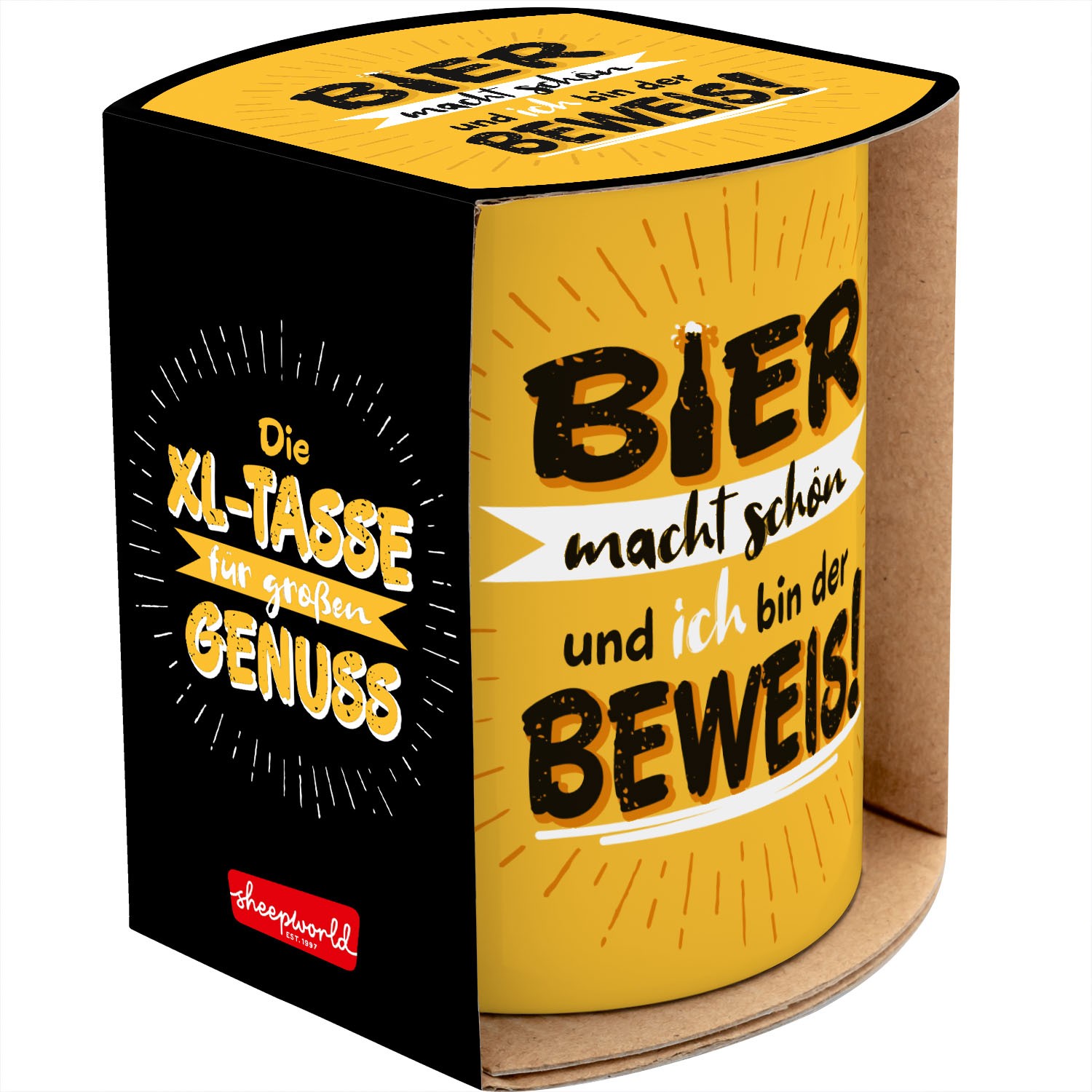 XL-Tasse mit gelbem Druck: Bier macht schön und ich bin der Beweis, in Geschenkverpackung.