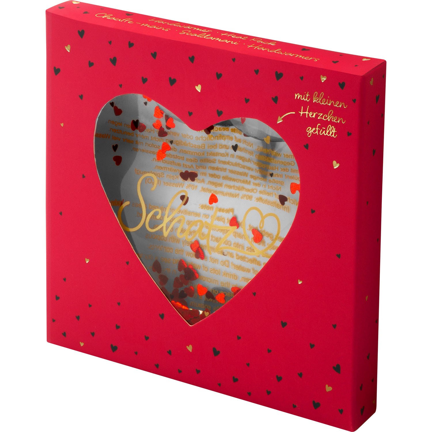 Roter Handwärmer in Herzform mit Glitzer und Goldschrift 'Schatz' in Geschenkbox