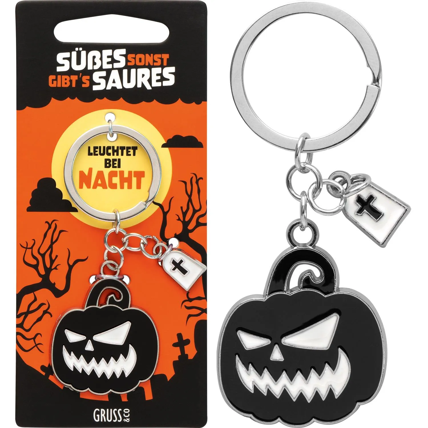 Halloween-Kürbis-Schlüsselanhänger mit leuchtendem Gesicht und Grabstein-Anhänger