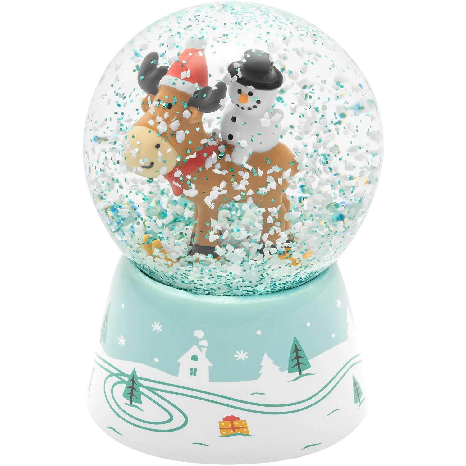 Schneekugel »Elch« mit Elch und Schneemann, glitzernde Winterlandschaft, pastelblaues Base-Design