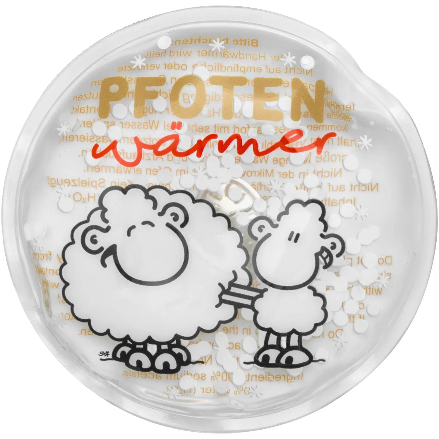 Runder Handwärmer in Geschenkbox mit zwei Schafen und Schneeflocken