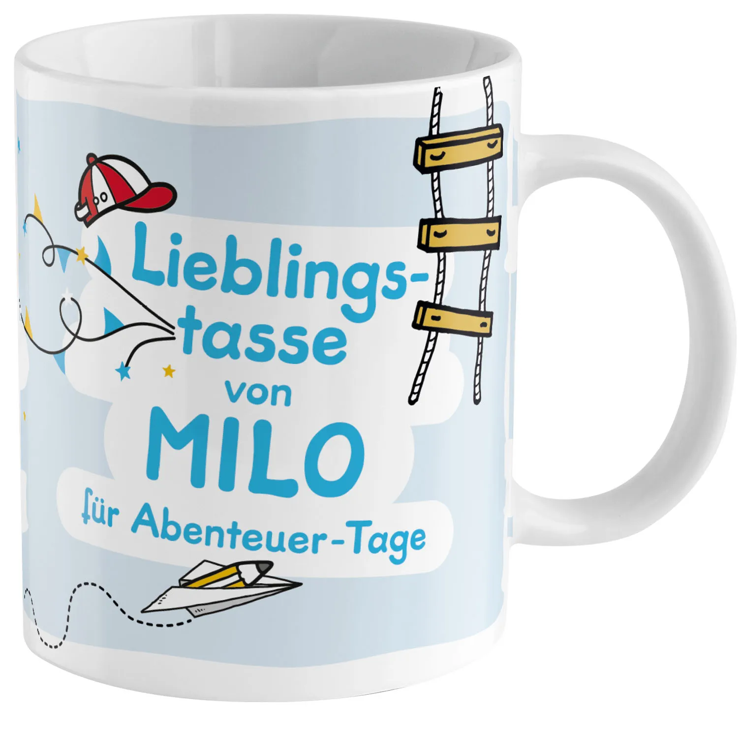 Weiße Porzellantasse mit hellblauem Abenteuermotiv und Name Milo