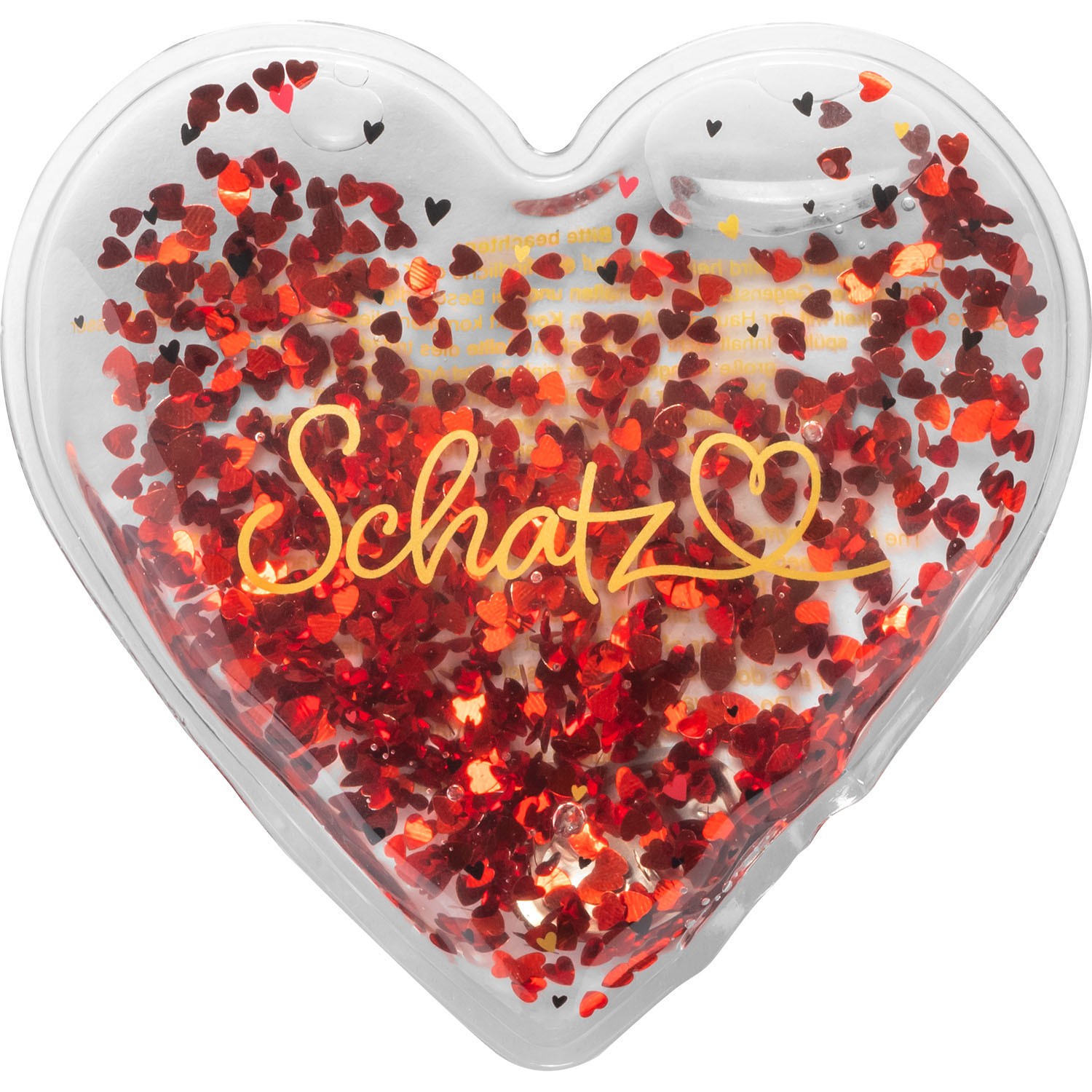 Herzförmiger Handwärmer aus Kunststoff mit rotem Glitzerherz und goldener Schrift Schatz