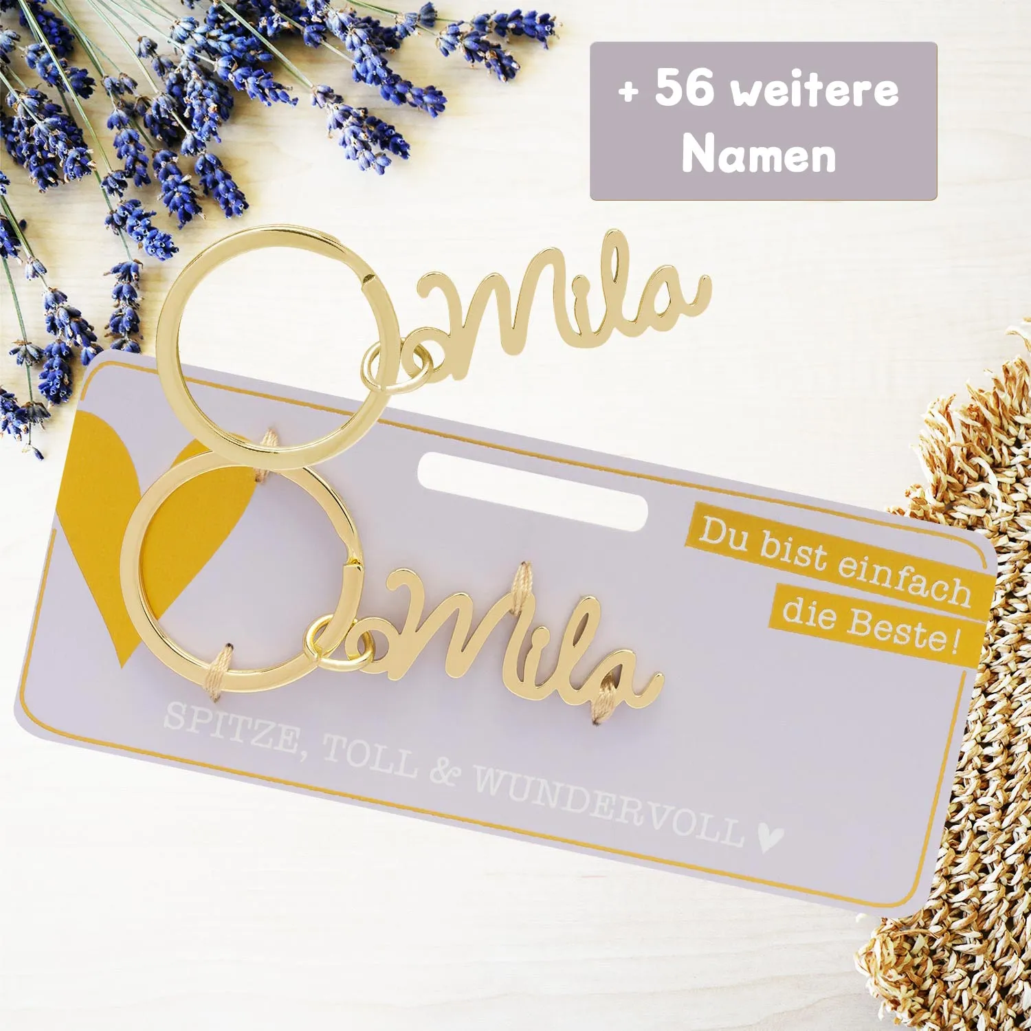 Goldfarbener Namens-Schlüsselanhänger Mila mit Schlüsselring