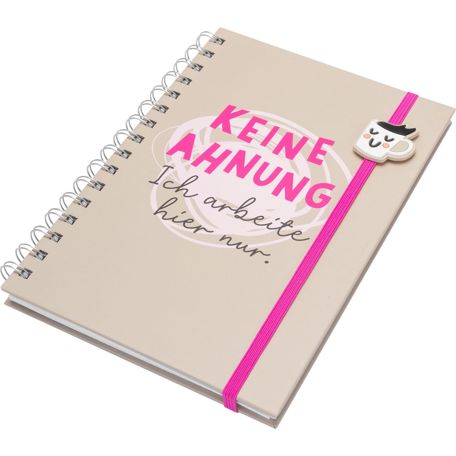 Beiges Notizbuch mit pinkem Neon-Design, Spiralbindung und elastischem Band