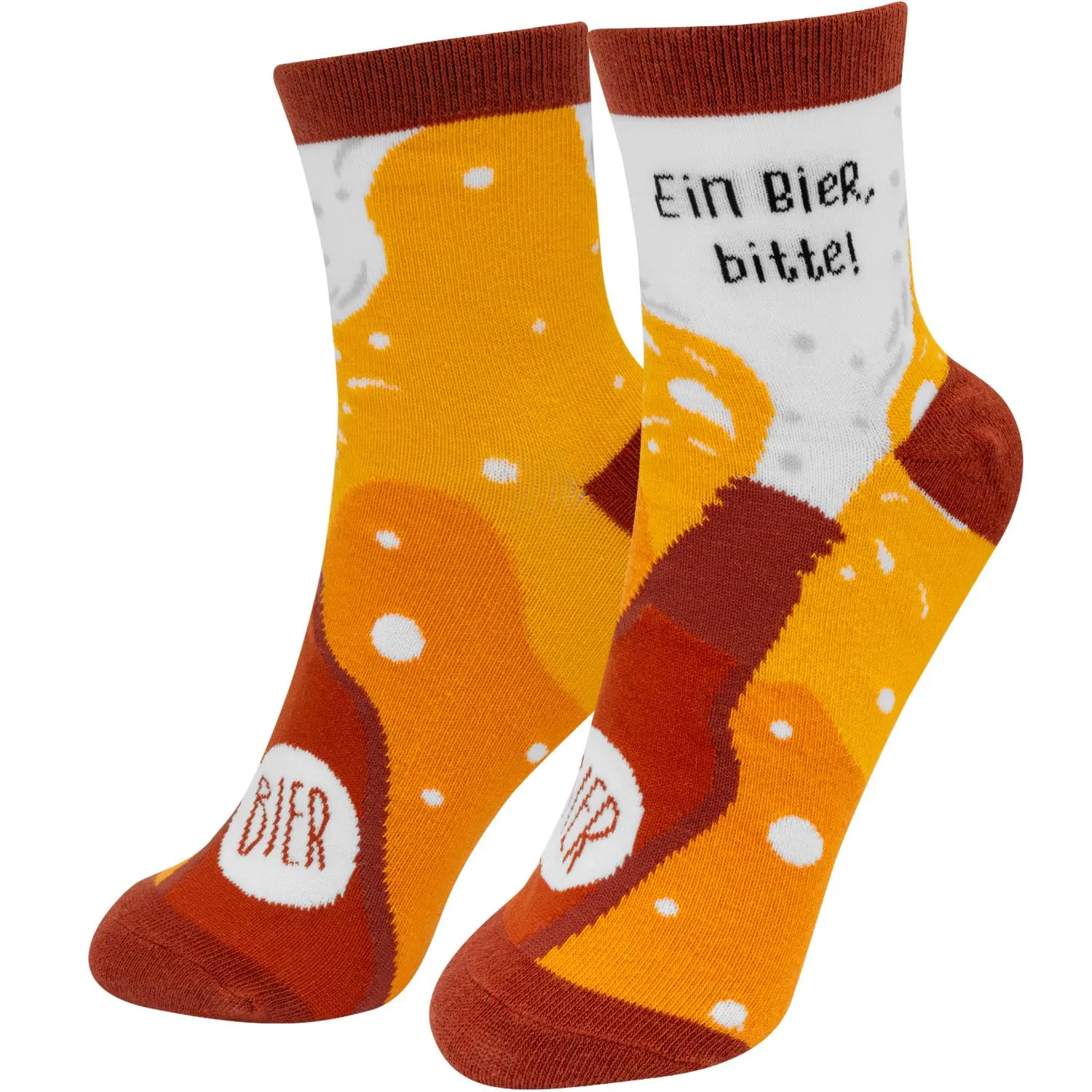 Paar Zaubersocken mit Bier-Motiv in Gelb-Orange, Text 'Ein Bier, bitte!'.