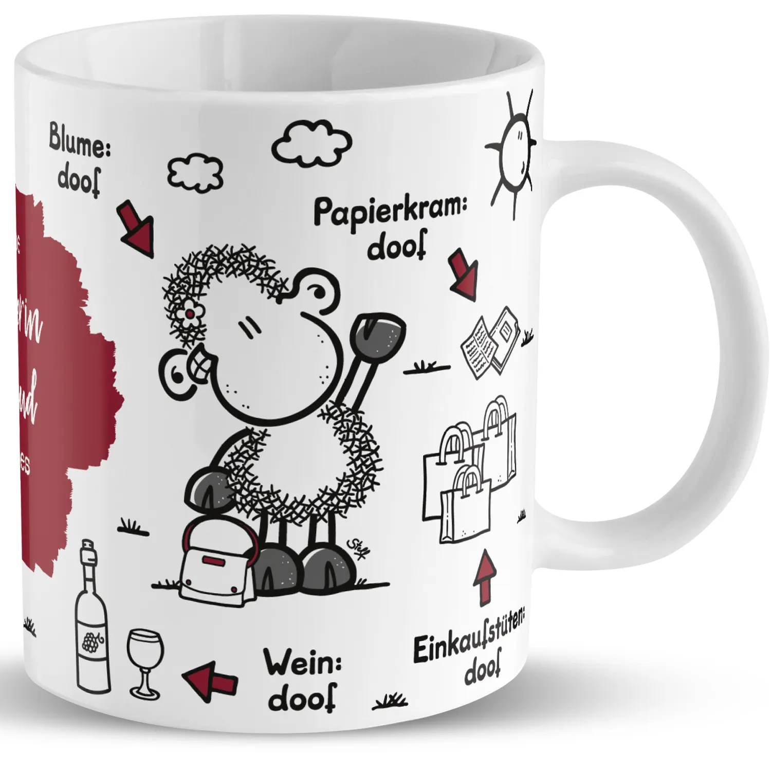 Weiße Porzellan-Tasse mit Cartoon-Schaf-Motiv und Papierkram-Szenerie, personalisierbar mit Wunschname.