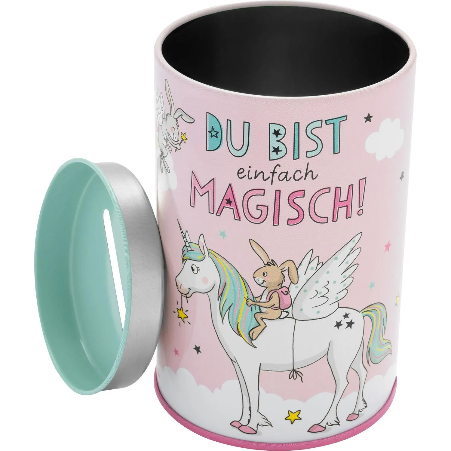 Rosa Metall-Spardose mit Einhorn und fliegendem Hasen-Motiv, mintgrüner Deckel