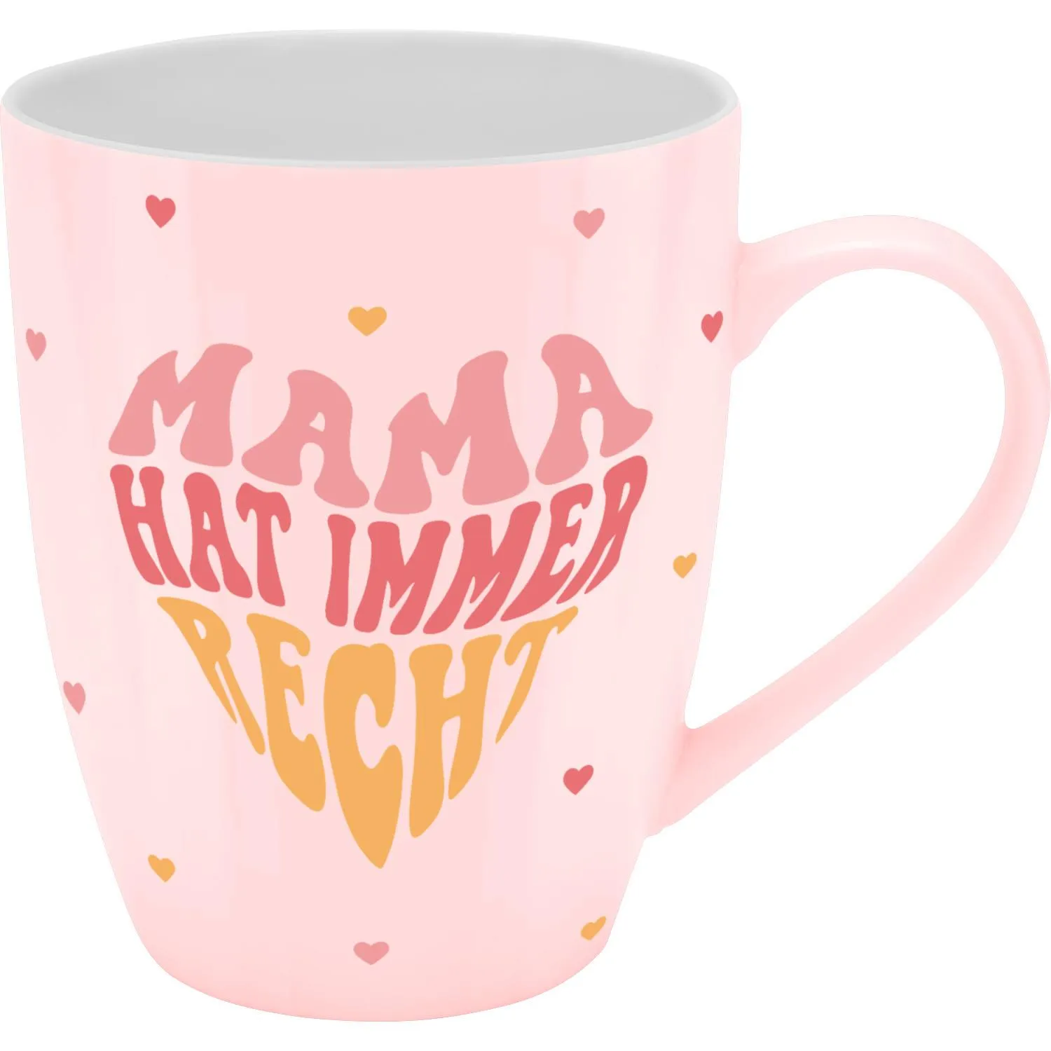 Rosa Becher mit Aufdruck 'Mama hat immer Recht' und kleinen Herzen.