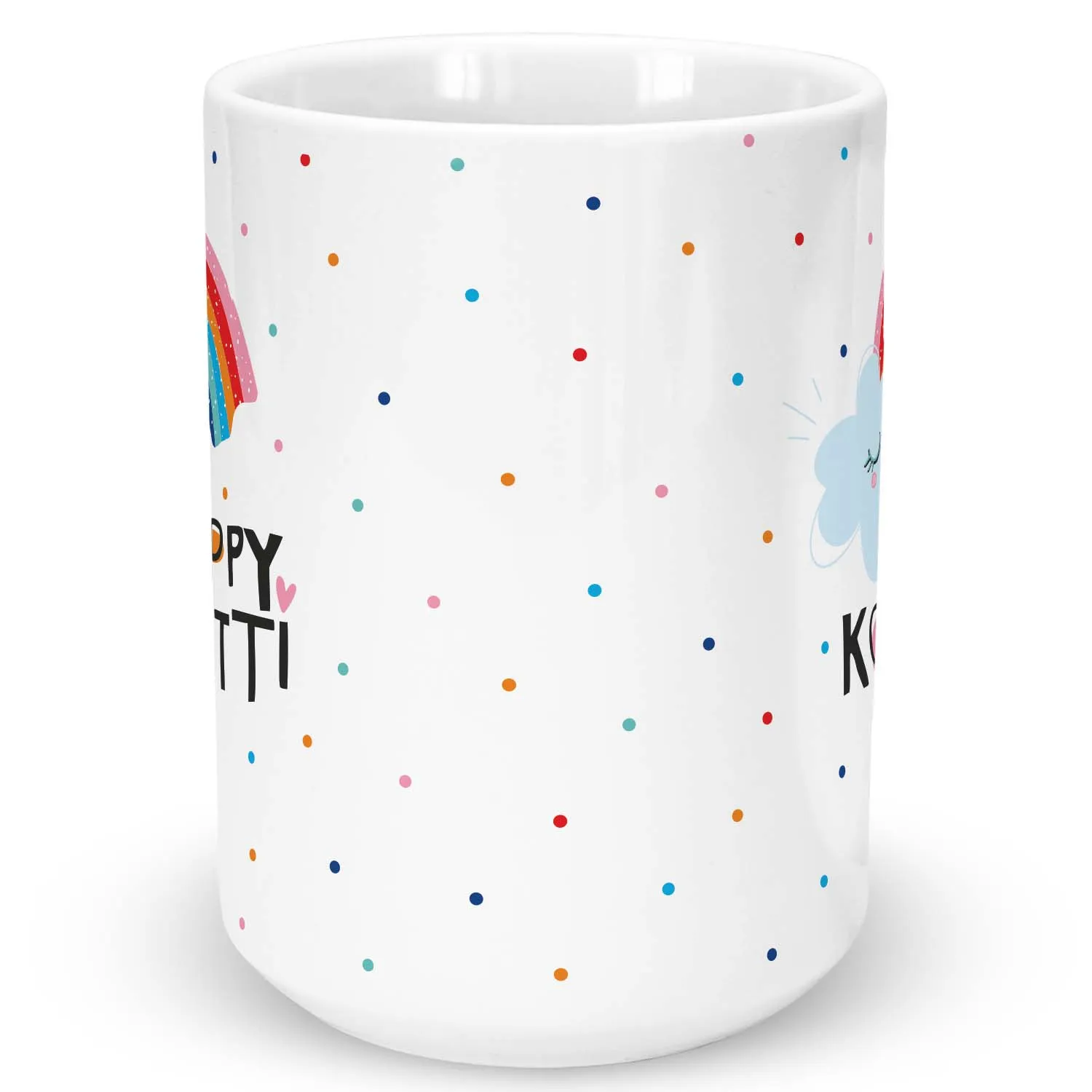 Weiße XL-Tasse mit bunten Konfetti-Dots und Regenbogen-Motiv, personalisierbarer Name