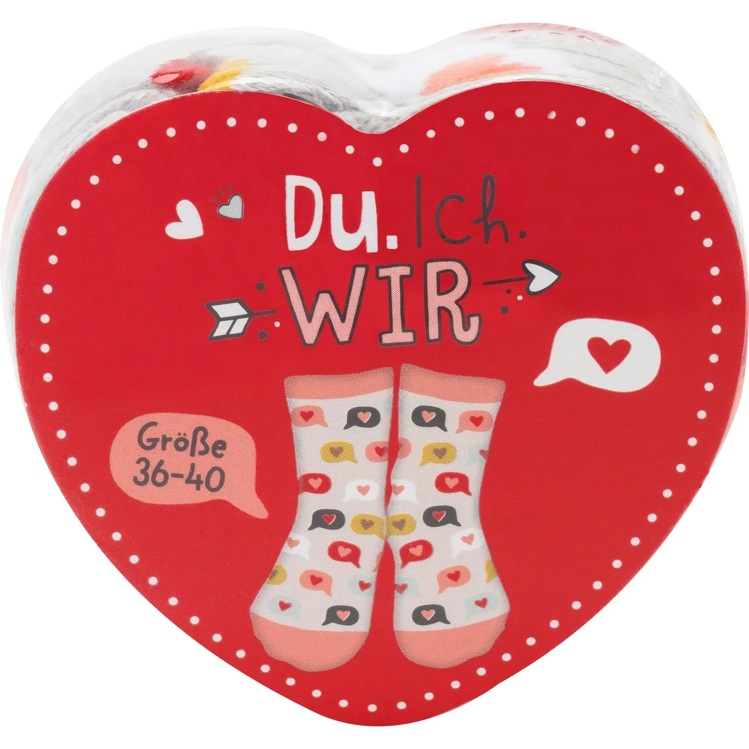 Rote Herz-Verpackung mit bunten Herzen-Socken – Zaubersocken Du.Ich.Wir, Größe 36-40.