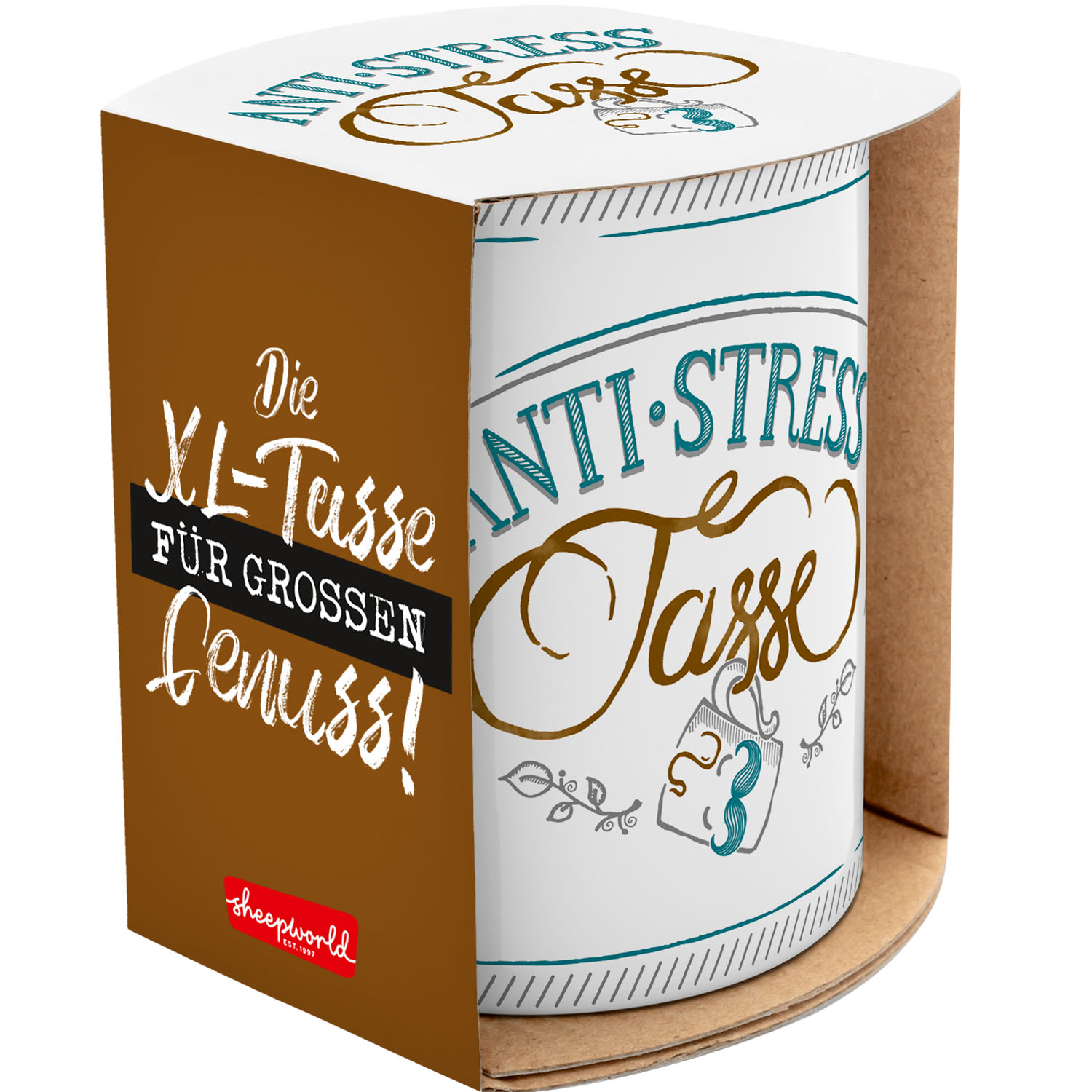 XL-Tasse aus Porzellan mit türkisem Anti-Stress-Schriftzug und Ornamenten, verpackt in braunem Karton