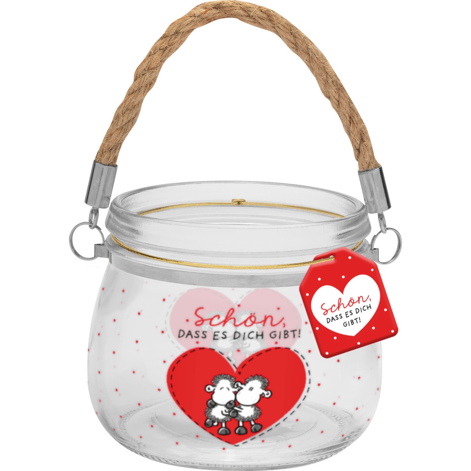 Glas-Windlicht mit Herz- und Schäfchen-Motiv, Jutegriff und rotem Anhänger