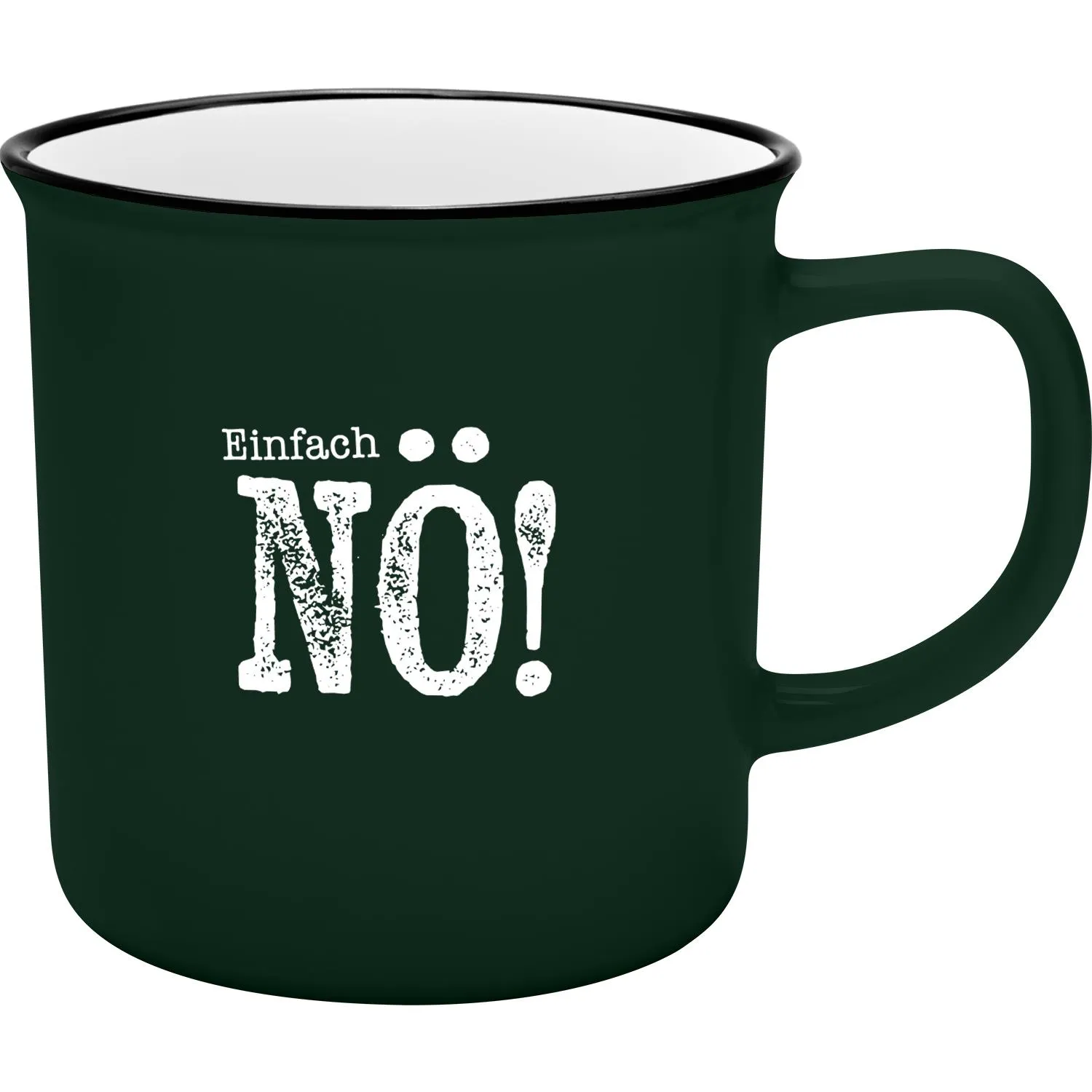 Dunkelgrüner XL-Becher mit weißem Innenraum und NO!-Schriftzug.