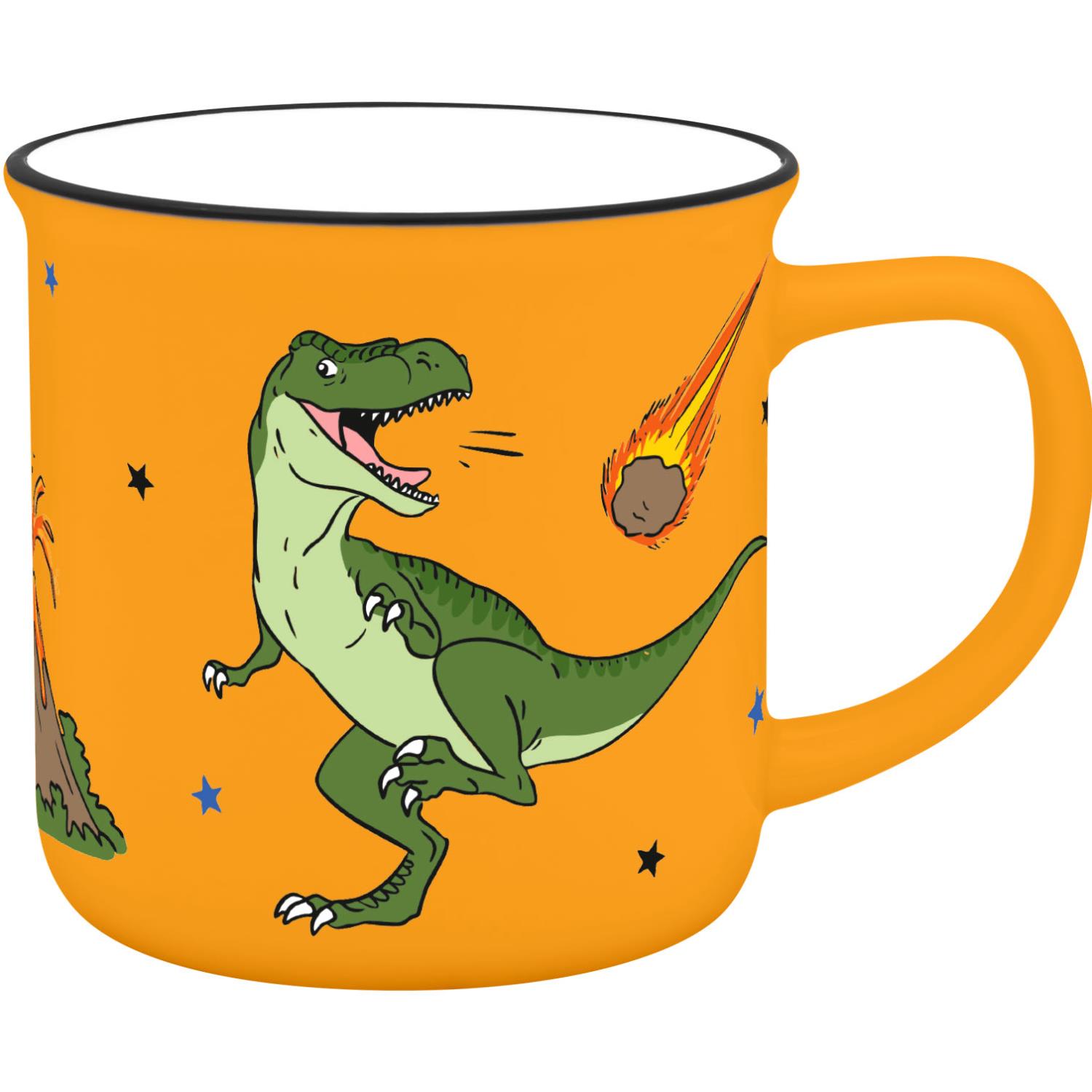 Orangene Dino-Tasse mit grünem Dinosaurier-Motiv und schwarzem Rand im Emaille-Look