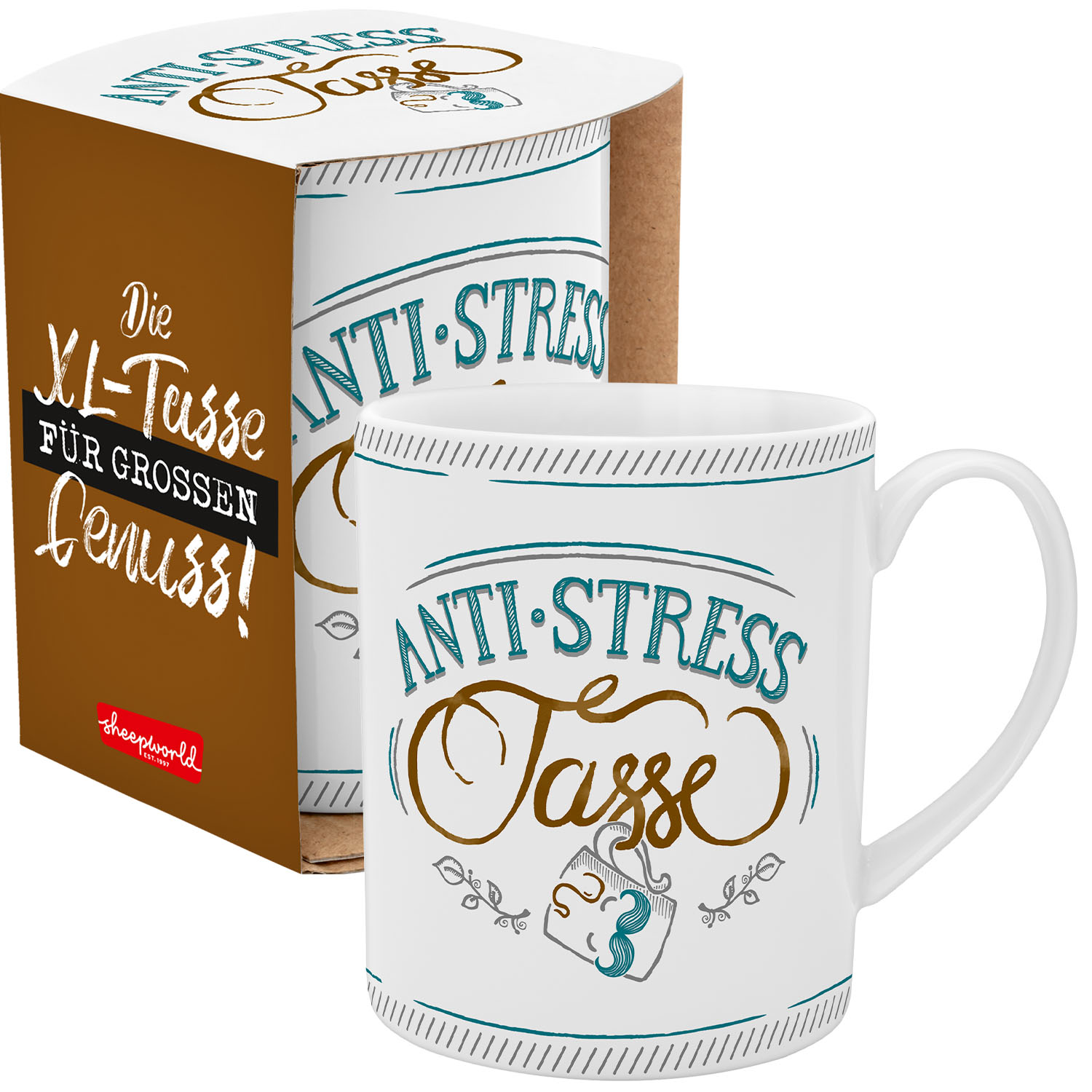 Weiße Porzellan-Tasse mit tealfarbener Aufschrift 'Anti-Stress' und Ornamenten
