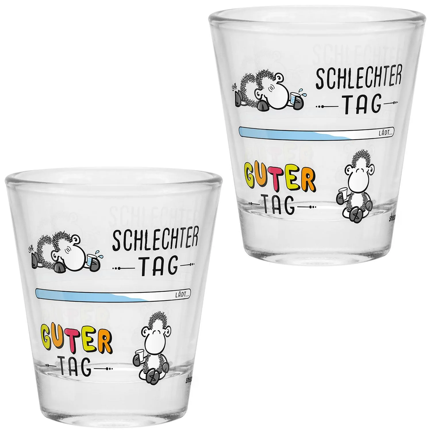 Schnapsglas mit Schaf-Motiv und buntem Schriftzug 'Guter Tag' / 'Schlechter Tag', 6 cl