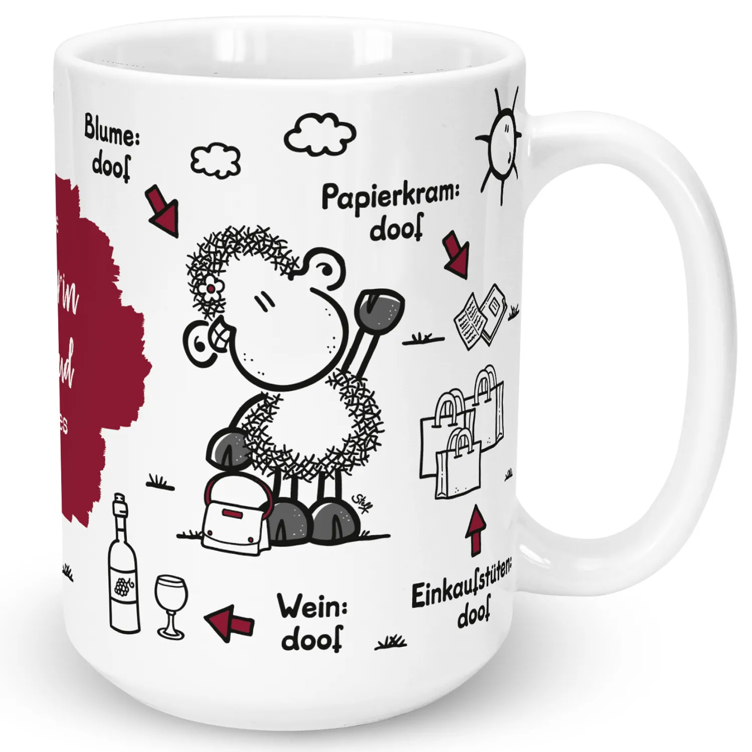 Weiße Keramik-Tasse mit schwarzem Schaf-Doodle und Einkaufstaschen