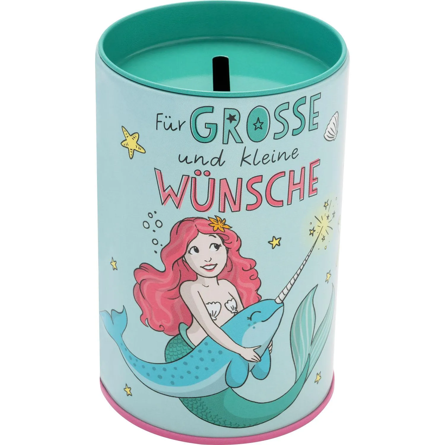 Metallspardose mit Meerjungfrau-Motiv in Türkis und Pink, Geldschlitz oben