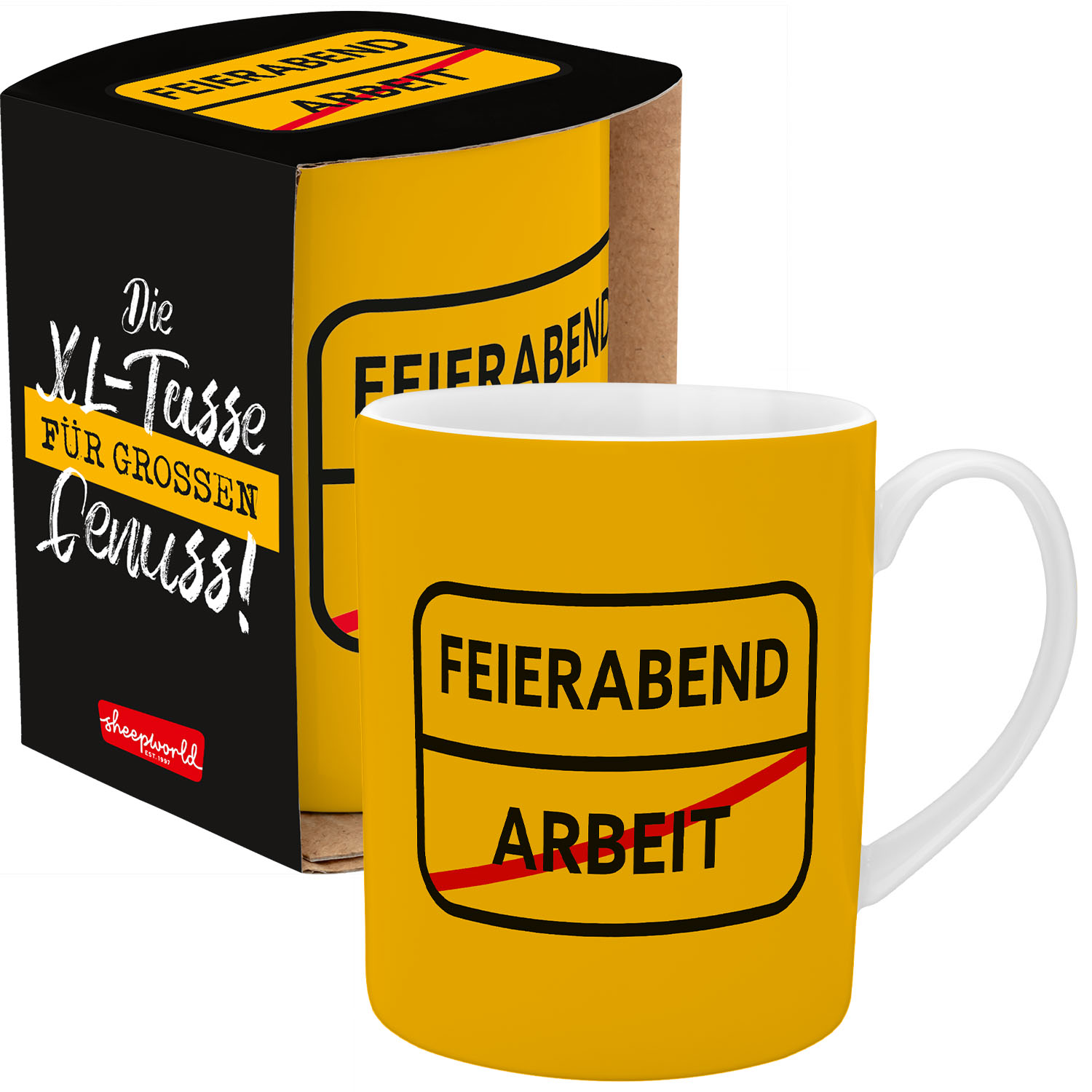 Gelbe XXL-Tasse mit Aufdruck 'FEIERABEND ARBEIT' und weißem Innenraum